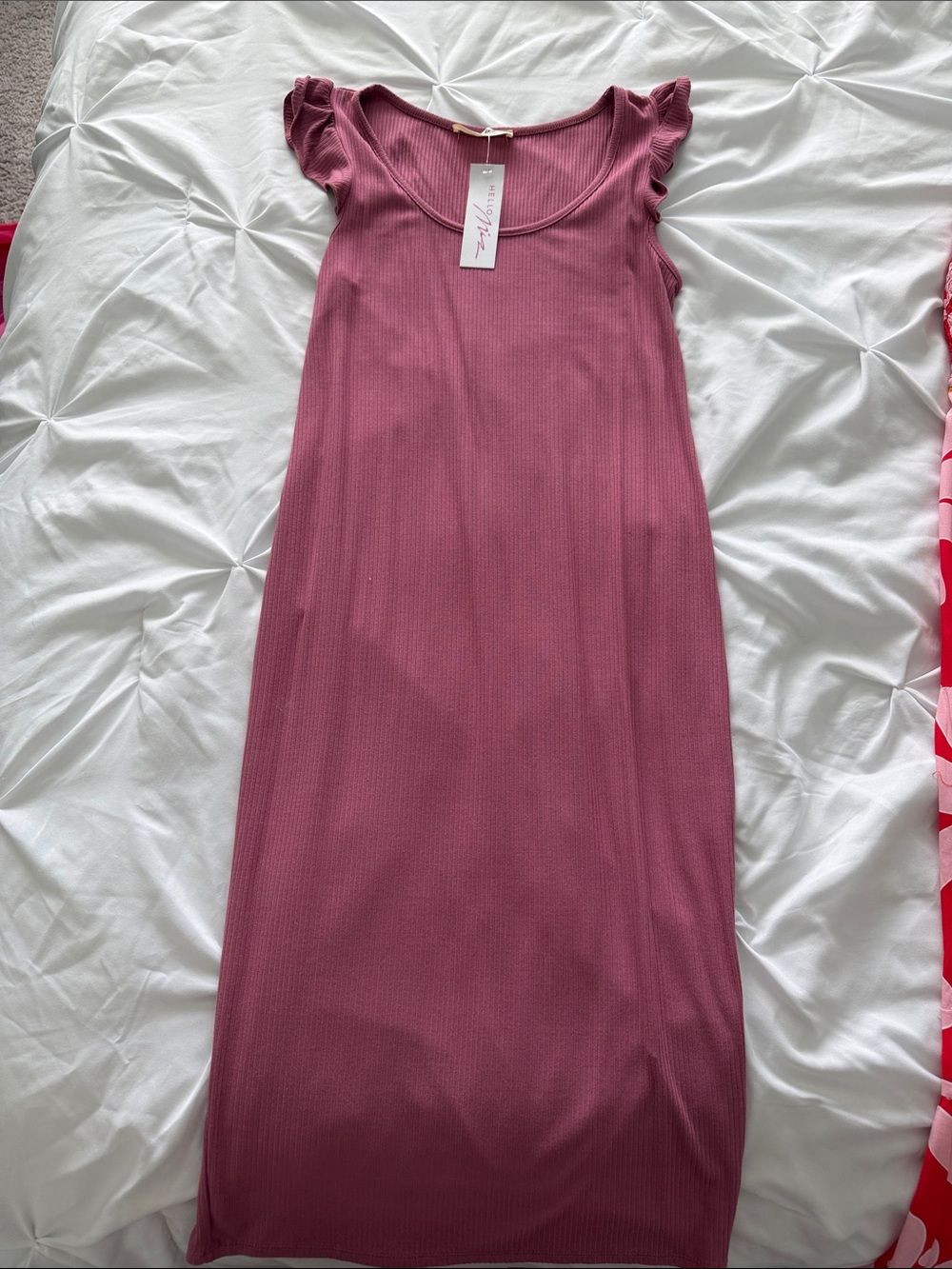 Ribbed Flutter-Sleeve Mini Dress in Mauve Pink